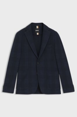 Blazer slim fit in misto cotone principe di Galles, Blu a motivi