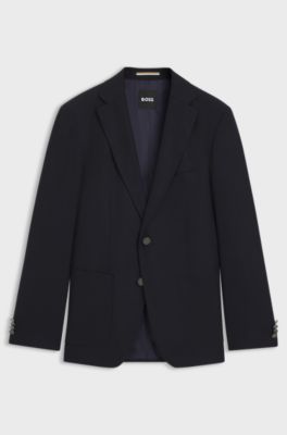 Blazer slim fit in lana vergine elasticizzata, Blu scuro
