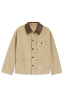 Oversized-fit jacket in cotton twill with contrast collar, Beige