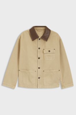 Oversized-fit jacket in cotton twill with contrast collar, Beige