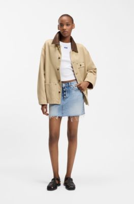 Oversized-fit jacket in cotton twill with contrast collar, Beige