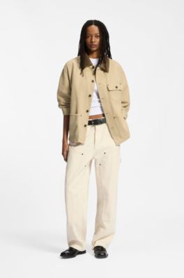 Oversized-fit jacket in cotton twill with contrast collar, Beige