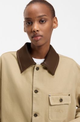 Oversized-fit jacket in cotton twill with contrast collar, Beige
