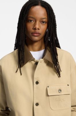 Oversized-fit jacket in cotton twill with contrast collar, Beige