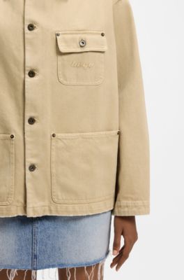 Oversized-fit jacket in cotton twill with contrast collar, Beige