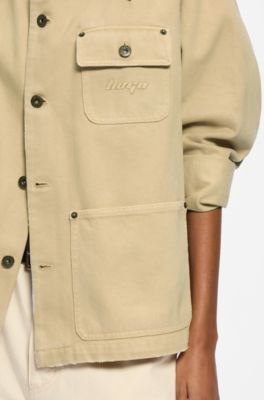 Oversized-fit jacket in cotton twill with contrast collar, Beige