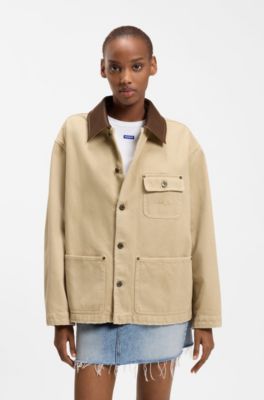 Oversized-fit jacket in cotton twill with contrast collar, Beige