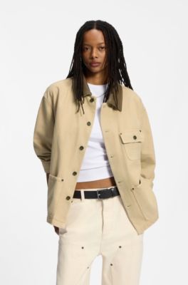 Oversized-fit jacket in cotton twill with contrast collar, Beige
