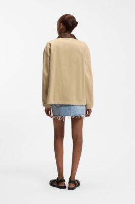 Oversized-fit jacket in cotton twill with contrast collar, Beige