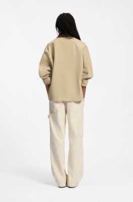 Oversized-fit jacket in cotton twill with contrast collar, Beige