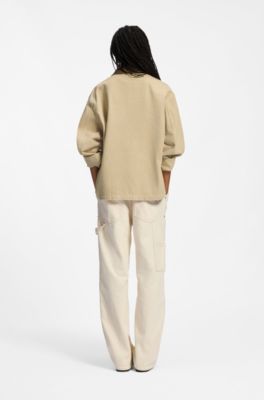 Oversized-fit jacket in cotton twill with contrast collar, Beige