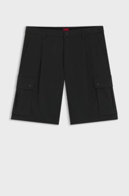 Stretch-cotton cargo shorts with pleat front, Black