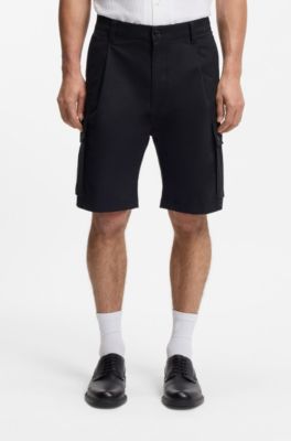 Stretch-cotton cargo shorts with pleat front, Black