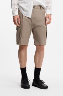 Stretch-cotton cargo shorts with pleat front, Light Brown