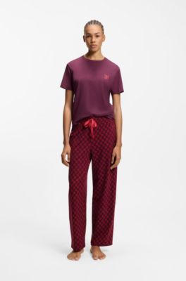 Pyjamabroek van stretchjersey met all-over print, Donkerrood