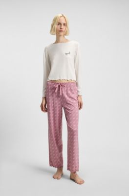 Stretch-jersey pyjama T-shirt with logo artwork, White