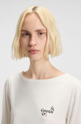 Stretch-jersey pyjama T-shirt with logo artwork, White