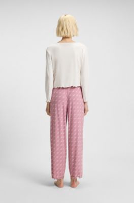 Stretch-jersey pyjama T-shirt with logo artwork, White