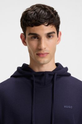 Waffle-jacquard hoodie in a cotton blend, Dark Blue