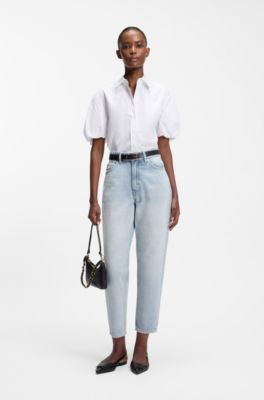 Jeans mom-fit in denim blu, Celeste