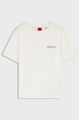 Stretch-jersey pyjama T-shirt with logo print, Natural
