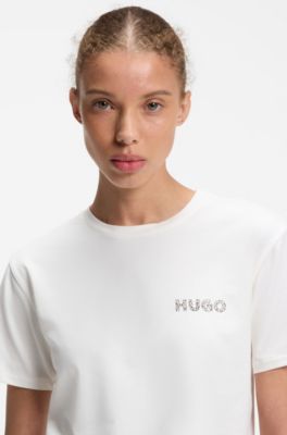 Stretch-jersey pyjama T-shirt with logo print, Natural