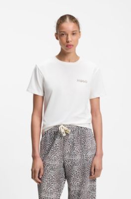 Stretch-jersey pyjama T-shirt with logo print, Natural