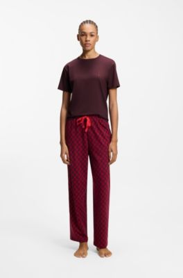 Stretch-jersey pyjama T-shirt with logo print, Bordeaux