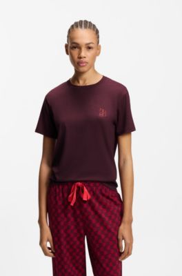 Stretch-jersey pyjama T-shirt with logo print, Bordeaux