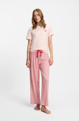 Pyjamashirt van stretchjersey met logoprint, Lichtroze