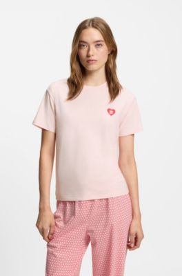 Stretch-jersey pyjama T-shirt with logo print, Light Pink