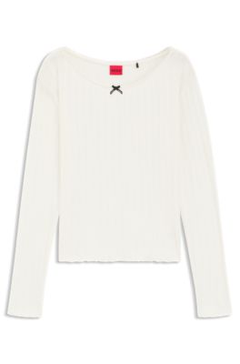 Pointelle pyjama top with picot trim, Natural