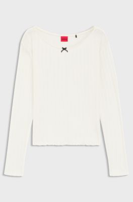 Pointelle pyjama top with picot trim, Natural