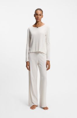 Pointelle pyjama top with picot trim, Natural