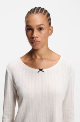 Pointelle pyjama top with picot trim, Natural