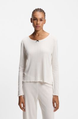 Pointelle pyjama top with picot trim, Natural