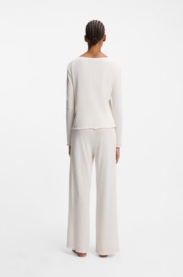 Pointelle pyjama top with picot trim, Natural