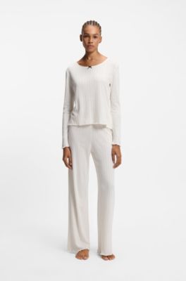 Pointelle pyjama bottoms with frilled trims, Natural