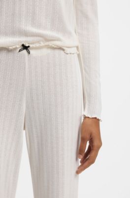 Pointelle pyjama bottoms with frilled trims, Natural