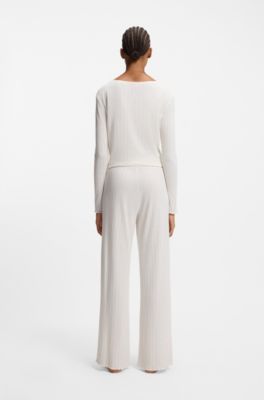 Pantalones de pijama de pointelle con ribetes de volantes, Natural