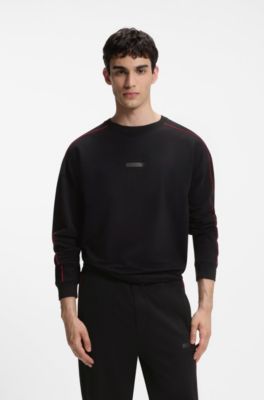 Relaxed-fit sweatshirt in stretch cotton with contrast piping, Black