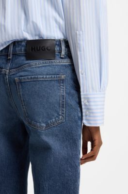 Flare fit-jeans i bl&aring; stretchdenim, M&ouml;rkbl&aring;