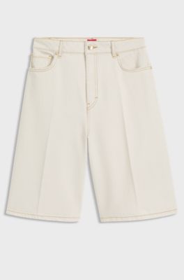 Wide-leg shorts in washed ecru denim, White