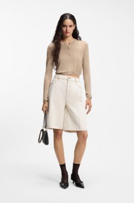 Wide-leg shorts in washed ecru denim, White