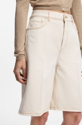 Wide-leg shorts in washed ecru denim, White