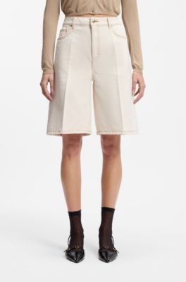 Wide-leg shorts in washed ecru denim, Natural