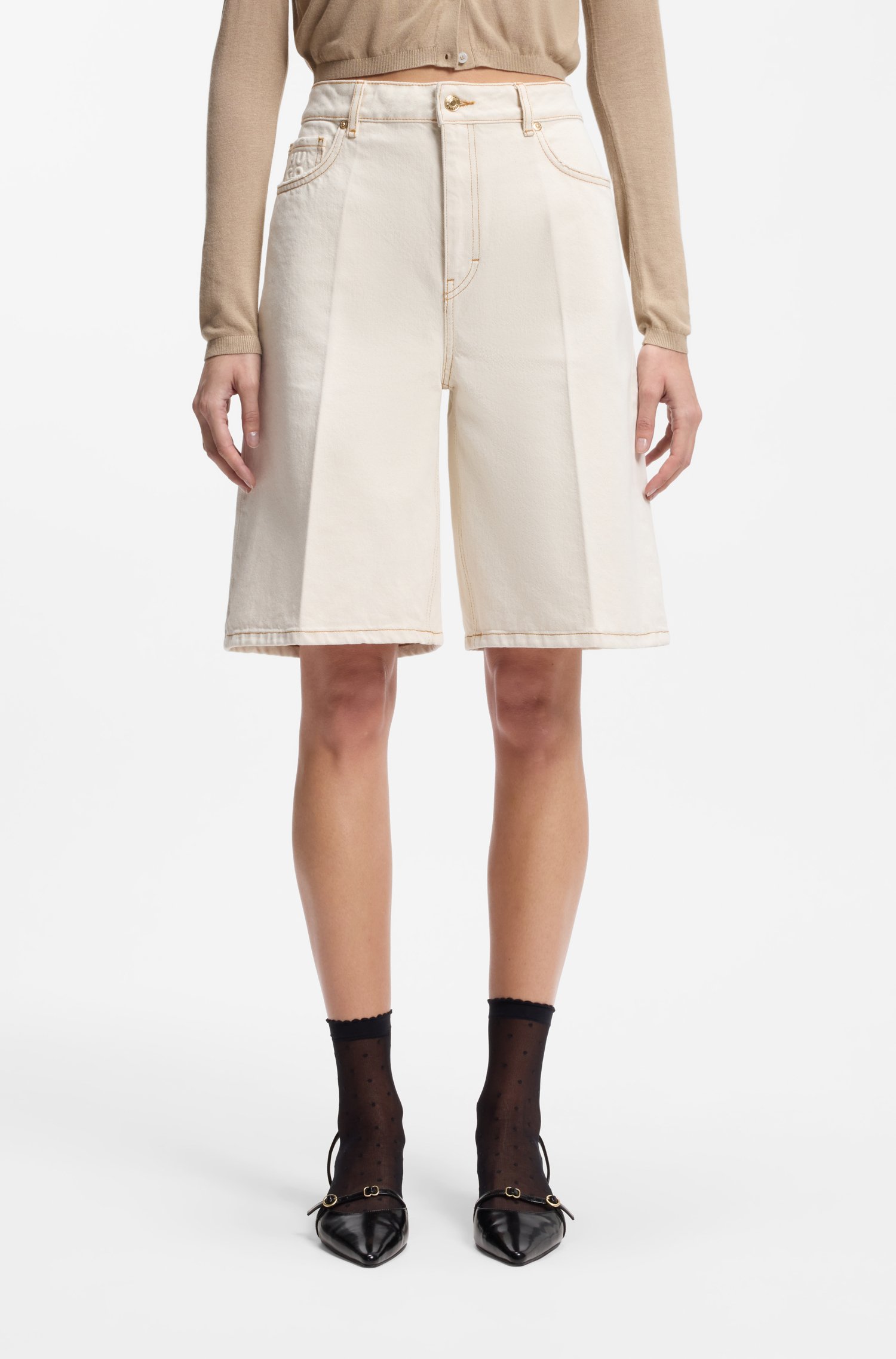 Wide-leg shorts in washed ecru denim