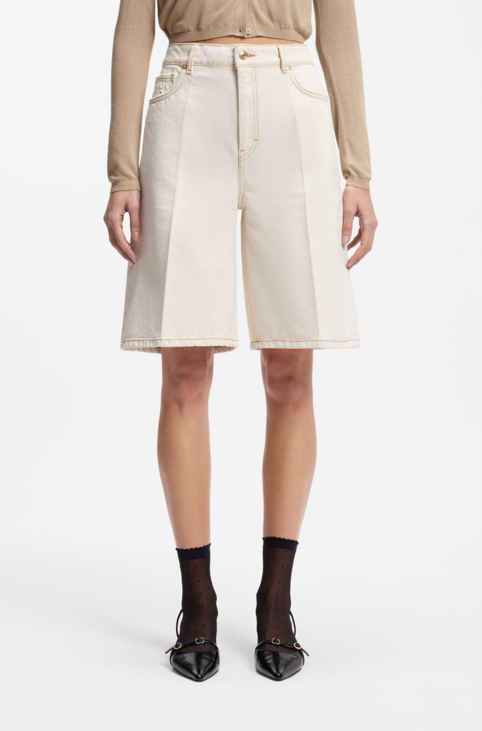 Wide-leg shorts in washed ecru denim