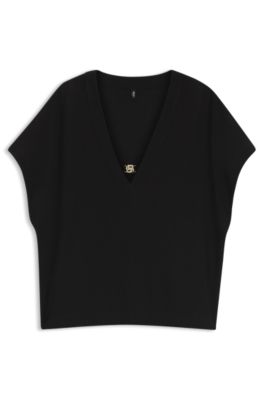 Crepe V-neck top with Double B monogram buckle, Black