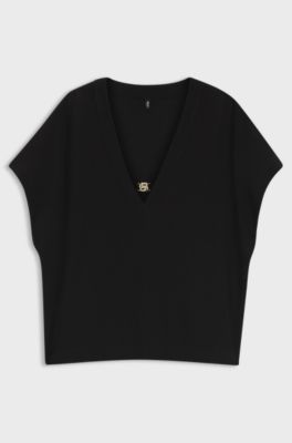 Top en cr&ecirc;pe &agrave; col V avec boucle &agrave; monogramme Double B, Noir